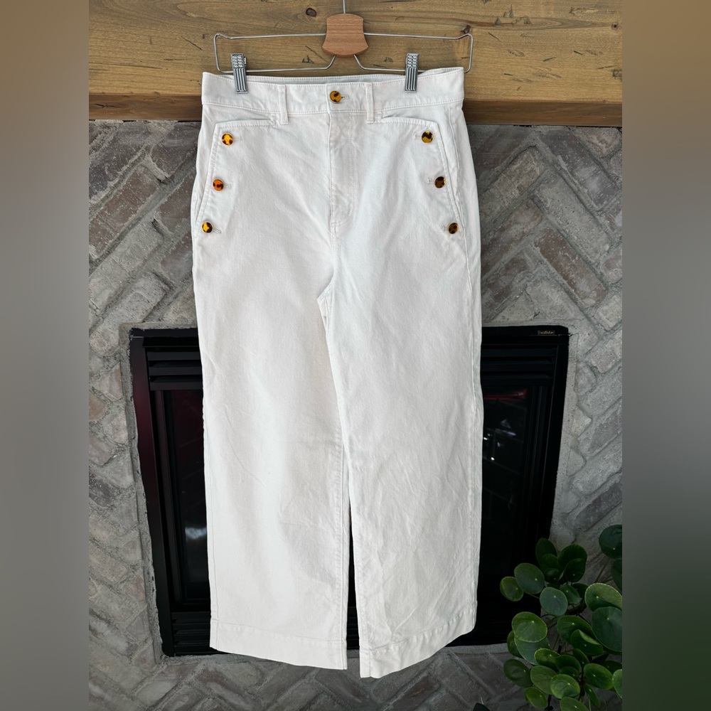 Ann Taylor Cream Trouser Jeans with Gold and Tortoise Button Accents